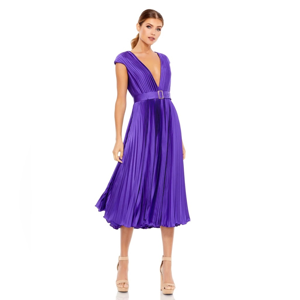 Mac Duggal 26483 Pleated Cap Sleeve Belted A Line Midi Dress- NwT